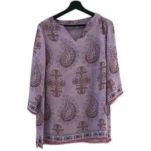Violet + Claire Tunic Womens 1X Purple Excellent Paisley Boho V-Neck Bell Sleeve